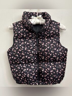 Self Esteem Black Puffer Vest with Pink Rose Motif